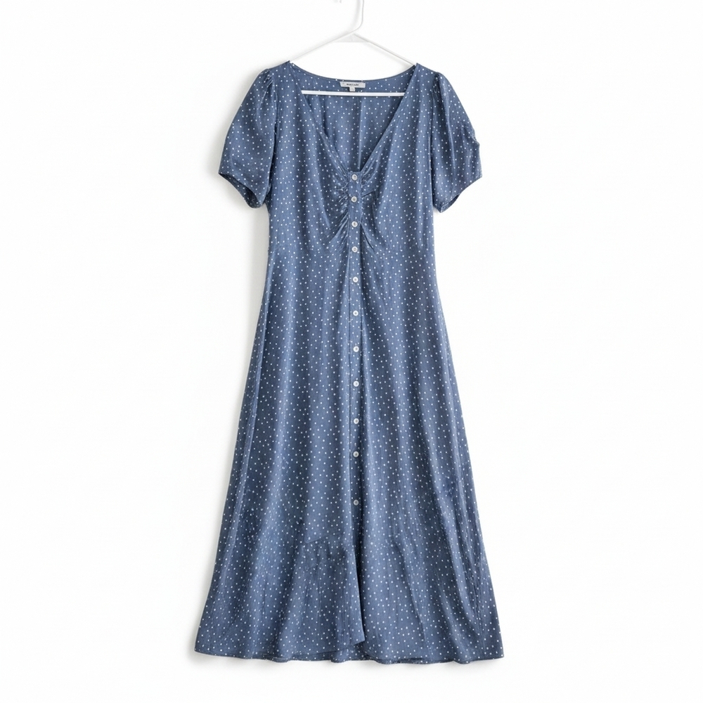 Madewell Leedra Button Front Midi Dress Blue White Polka Dot Ruched ShirtDress 6